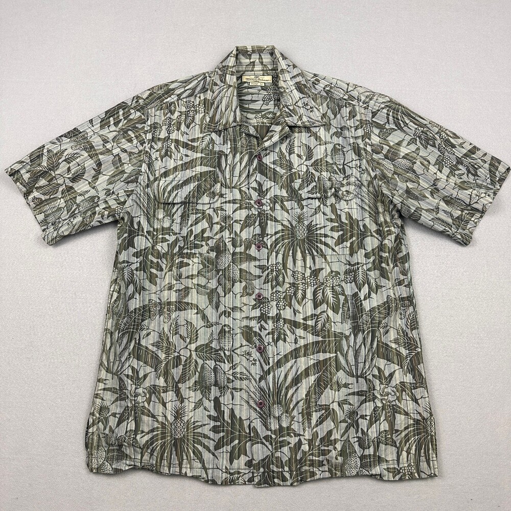 Tommy Bahama  Shirt Men Large Green Floral Stripe Hawaiian Short Sleeve L